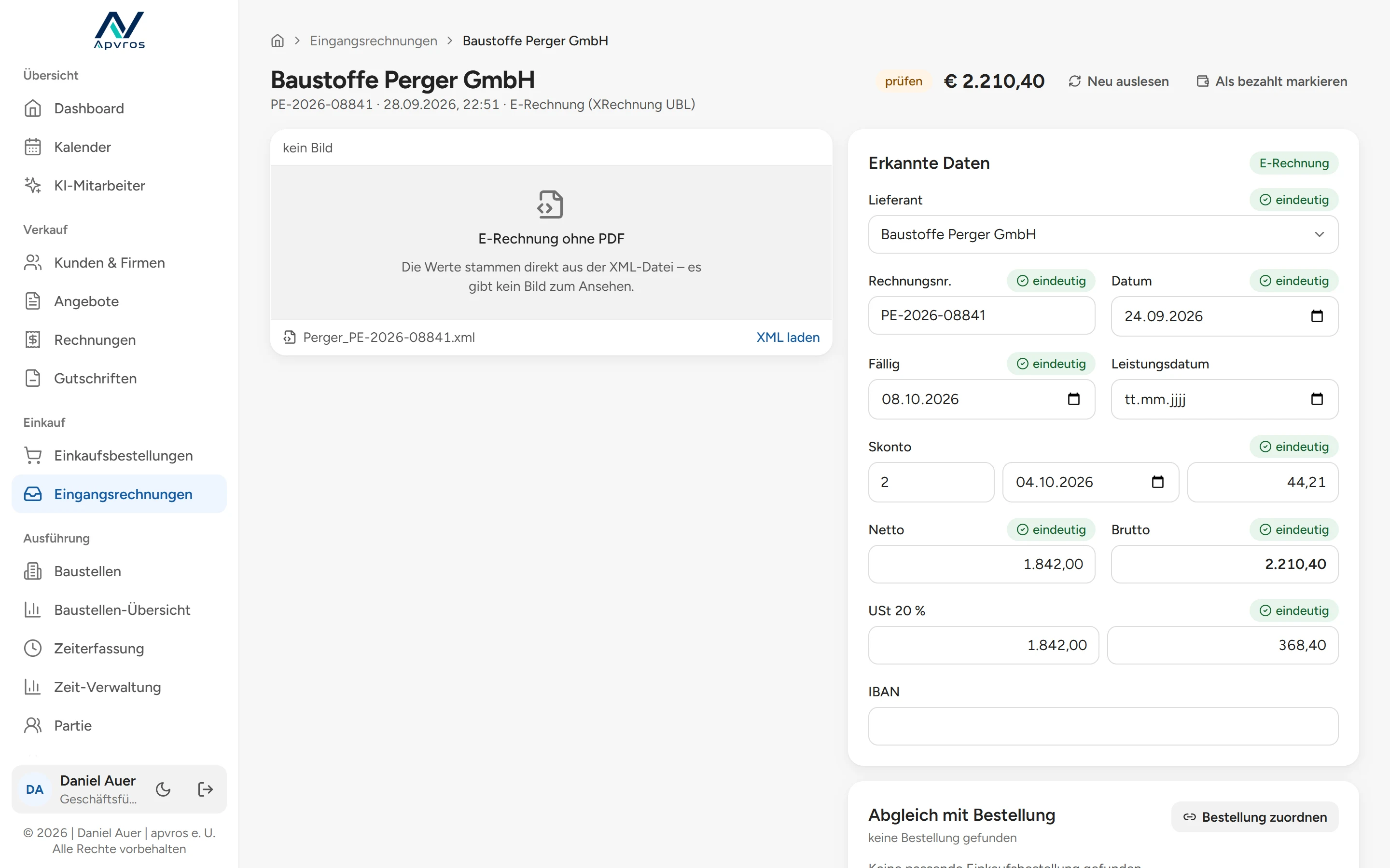 apvros Eingangsrechnungen in der App