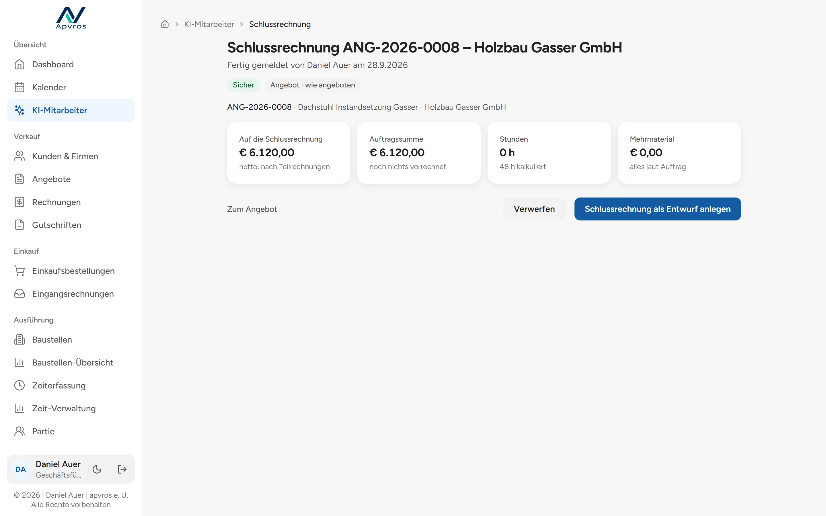 apvros Schlussrechnung in der App