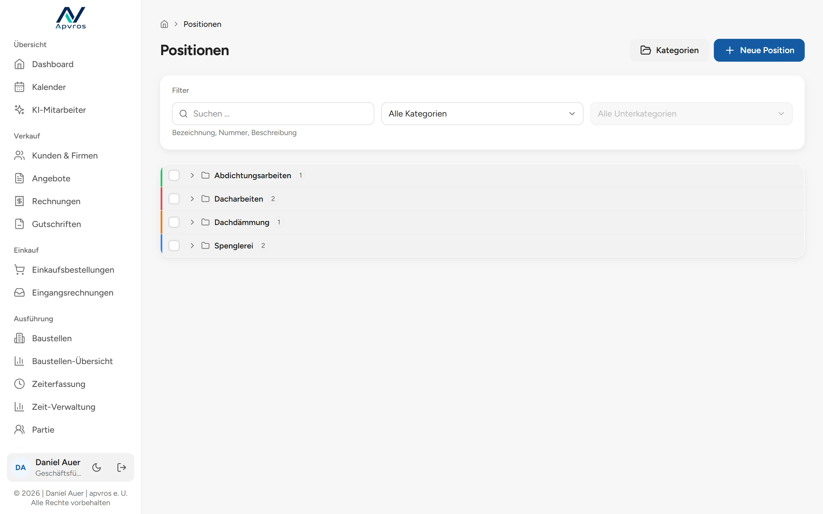 apvros Positionen und Kalkulation