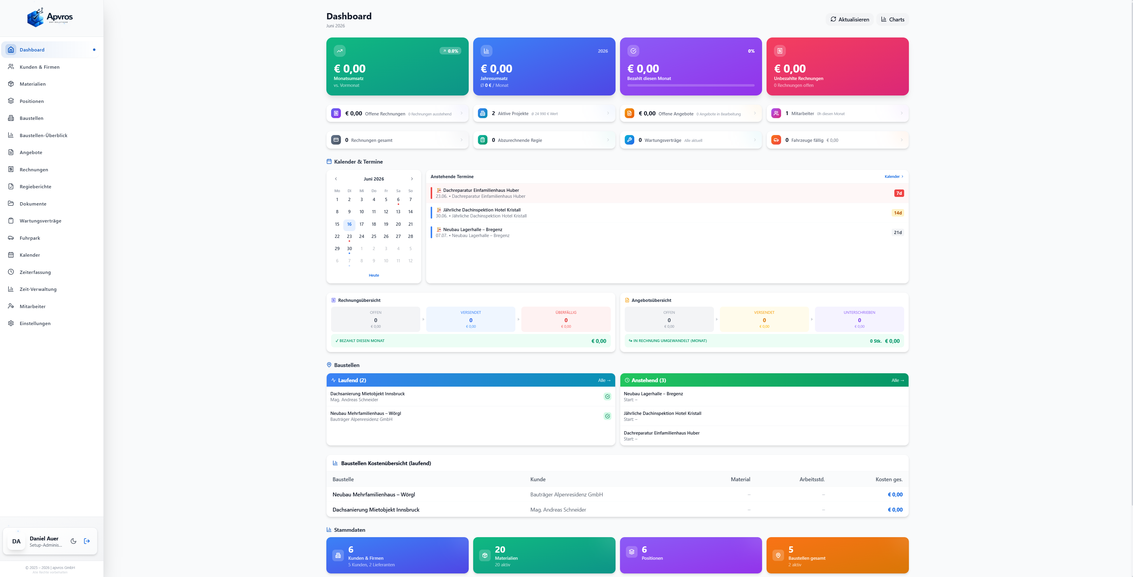 apvros Dashboard – Echtzeit-KPIs für Handwerksbetriebe in Deutschland